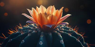 Cactus in bloom with vibrant flower under soft sunlight in a desert setting photo