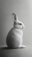 White rabbit sitting on a windowsill with colorful plants at sunset in a cozy indoor setting photo