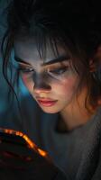 Young woman engaged with smartphone in dimly lit setting at night photo