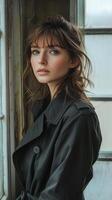 Woman in beige coat observing city view through window in bright room photo