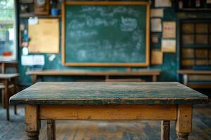 Rustic wooden table in a cozy classroom with chalkboard and bookshelves photo