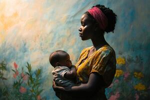 Mother holding baby in soft glowing light during a serene moment outdoors photo