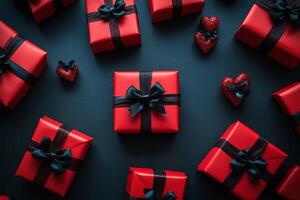 Celebratory red gift boxes with black ribbons arranged on dark background for special occasions photo