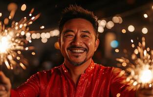 Celebrating with joy and sparklers at a festive gathering in the evening photo