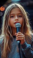 Young girl singing with microphone during an outdoor event in a vibrant setting photo