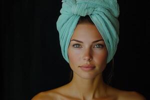 Woman with towel wrapped hair poses with natural beauty in soft lighting photo