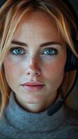 Young woman with headset focusing intently on a task in a dimly lit environment photo