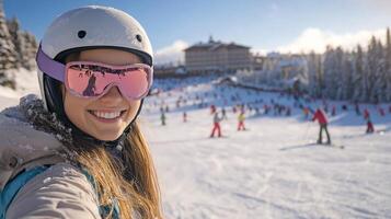 Smiling skier enjoys winter day on snowy slopes in mountain resort during bright sunshine photo