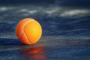 Bright orange tennis ball resting on a textured dark surface in a dramatic setting photo
