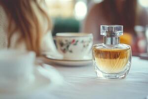 Woman with long hair poses beside elegant perfume bottle in cozy cafe setting photo