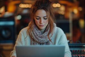 Young woman focused on laptop in cozy indoor space during evening hours photo