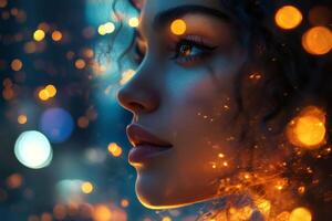 Beautiful young woman with glowing lights on her face during a nighttime portrait session photo