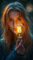 Girl holding glowing light bulb in a forest during sunset photo