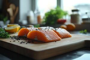 Fresh salmon fillets prepared on a wooden cutting board with herbs and spices photo
