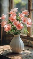 Beautiful bouquet of pink lilies in a white vase illuminated by natural light by the window photo