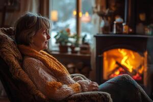 Cozy evening by the fireplace with warm light illuminating the room photo