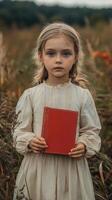 Young girl in a field holding a red book during an overcast day photo