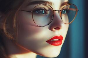 A young woman displays a close-up portrait featuring radiant blue eyes and bold red lips photo