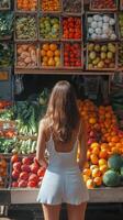 Exploring a vibrant market filled with fresh fruits and vegetables in the late afternoon photo