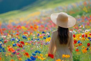 Woman in a wide-brimmed hat enjoys a colorful flower field in springtime photo