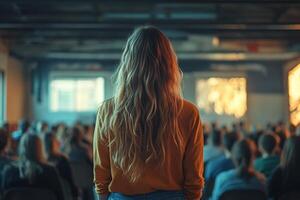 Young woman attentively listening during a presentation at a modern indoor event space photo