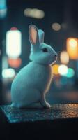 White rabbit sitting on a windowsill with colorful plants at sunset in a cozy indoor setting photo