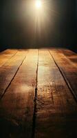 Warm sunlight streaming onto a wooden table at dawn in a serene natural setting photo