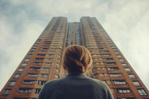 Looking up at a tall building under a bright blue sky with scattered clouds in an urban setting photo