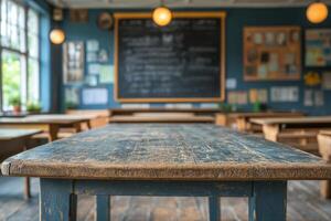 Rustic wooden table in a cozy classroom with chalkboard and bookshelves photo