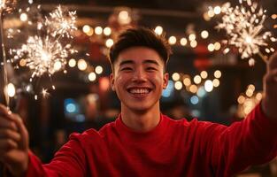 Celebrating with joy and sparklers at a festive gathering in the evening photo