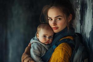 Mother holding baby in soft glowing light during a serene moment outdoors photo