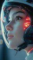 Futuristic woman in advanced helmet gazes upward in high-tech environment photo