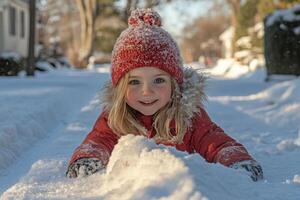 Young girl playing in fresh snow on a winter day wearing a red hat and coat photo