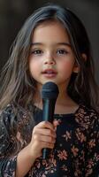 Young girl singing with microphone during an outdoor event in a vibrant setting photo