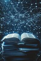Open book with glowing connections representing knowledge and technology in a digital landscape photo