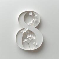 Decorative white number eight with delicate flowers displayed on a plain background photo