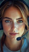 Young woman with headset focusing intently on a task in a dimly lit environment photo