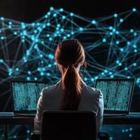 Professional woman coding at night with glowing data network in background photo