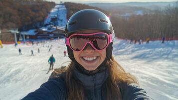Smiling skier enjoys winter day on snowy slopes in mountain resort during bright sunshine photo
