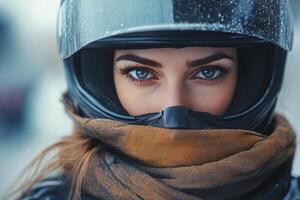 Winter motorcycle rider with helmet and colorful scarf in urban setting photo