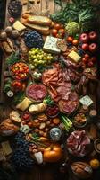 Vibrant display of assorted gourmet foods on a wooden table in a rustic setting photo