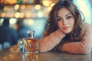 Woman with long hair poses beside elegant perfume bottle in cozy cafe setting photo