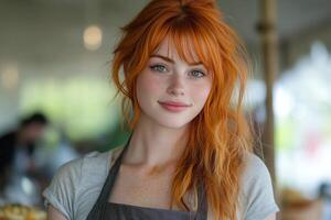 Young woman with orange hair and freckles, working in a rustic caf setting during daylight hours photo
