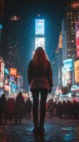 Winter night in Times Square with a person admiring the vibrant lights and snowfall photo