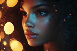 Beautiful young woman with glowing lights on her face during a nighttime portrait session photo