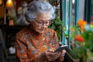 Elderly woman engaged with smartphone indoors during evening photo
