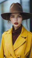 Young woman in a brown hat and yellow jacket against a white background expressing confidence and style photo