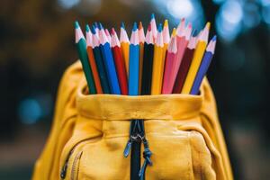 Colorful pencils in a yellow backpack against a blurred outdoor background during daytime photo
