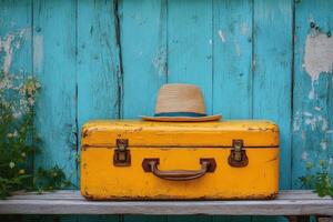Vintage yellow suitcase with a straw hat resting on top against a simple green background photo