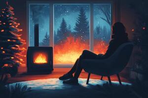 Cozy evening by the fireplace with warm light illuminating the room photo